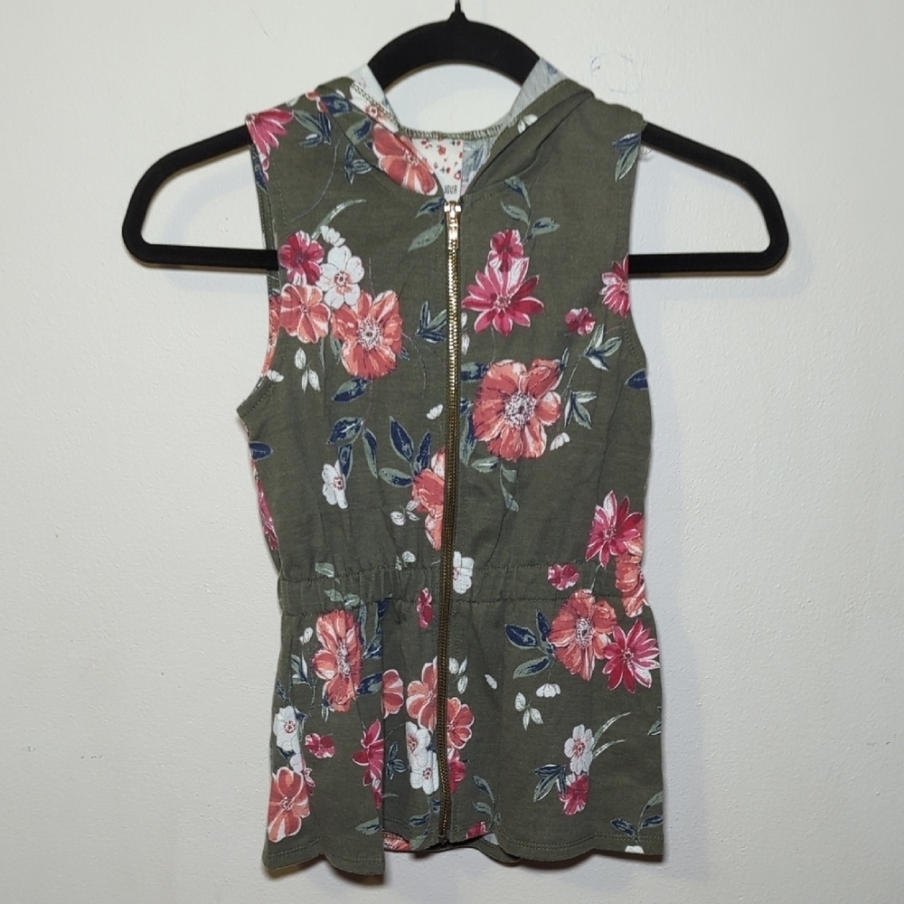 Belle Du Jour Hooded Floral Vest Full-Zip Olive Green Girls Size S
